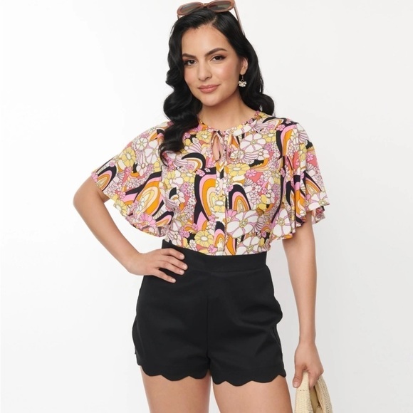 Unique Vintage Pink & Yellow Mod Floral Cecilia Blouse Size Medium NWT - Picture 4 of 11